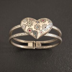 Vintage Brighton Floral Heart Hinged Cuff Bracelet & Green Leather Heart Pouch